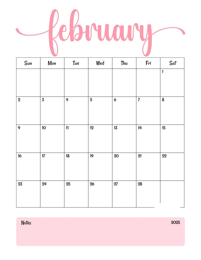 Cute February 05 Calendar with Notes